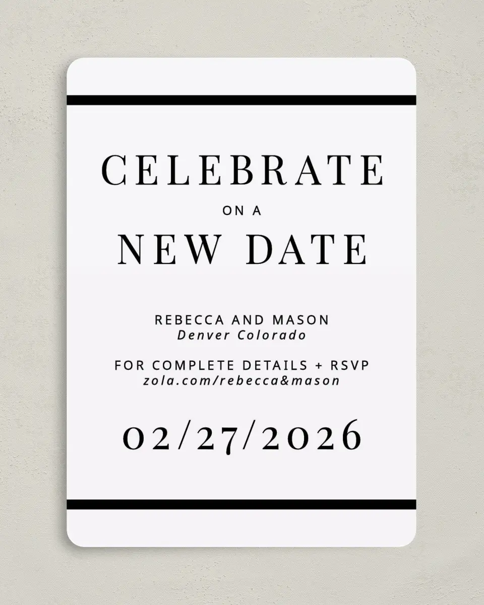 This is a 5" x 7" Change the Date Card called Celebrate on a New Date printed in full color on Premium Smooth paper