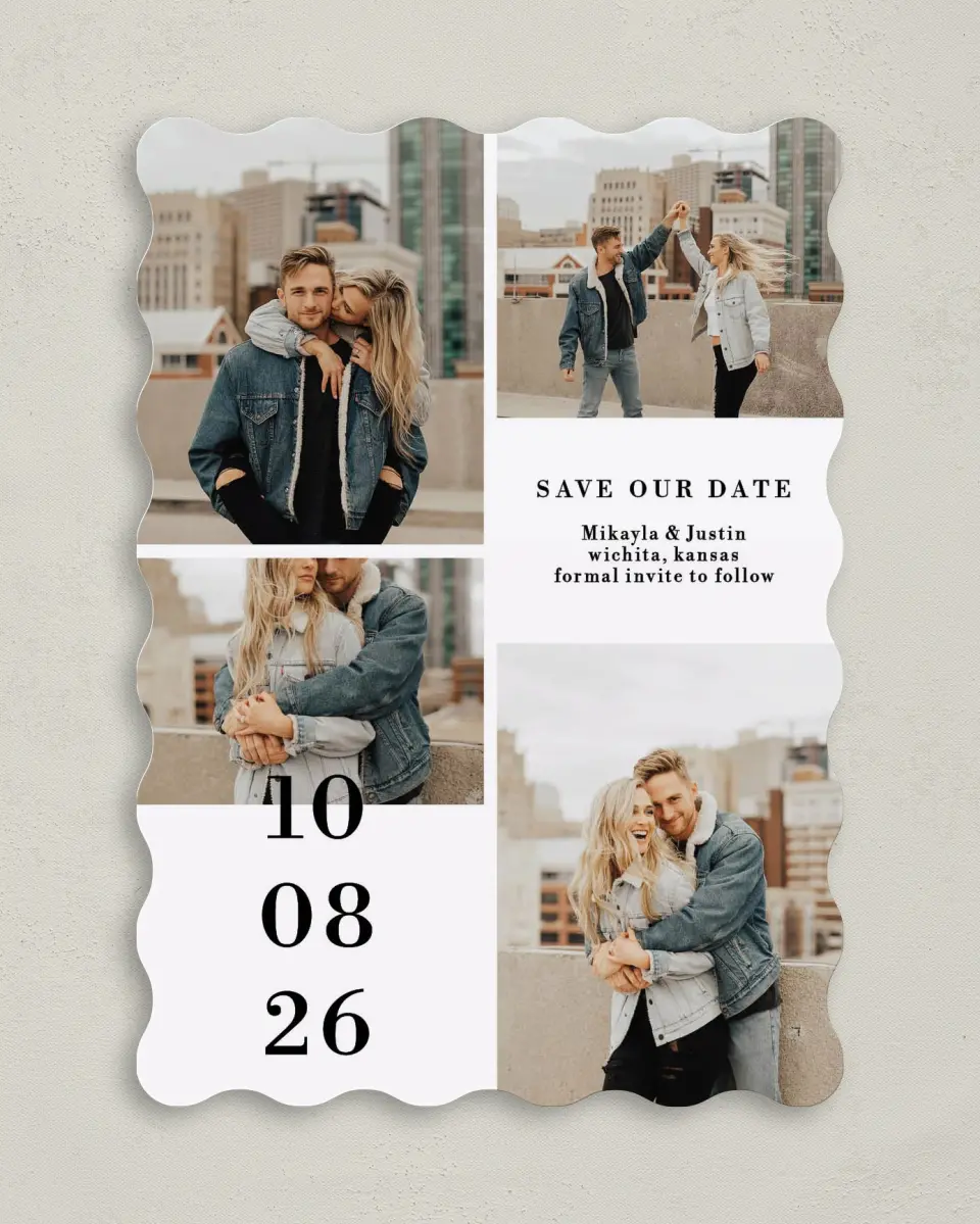 This is a 5" x 7" Save the Date Card called Stacked Devotion printed in full color on Premium Smooth paper
