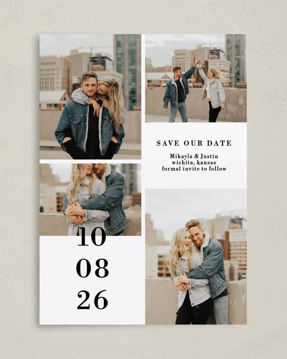 This is a 5" x 7" Save the Date Card called Stacked Devotion printed in full color on Premium Smooth paper