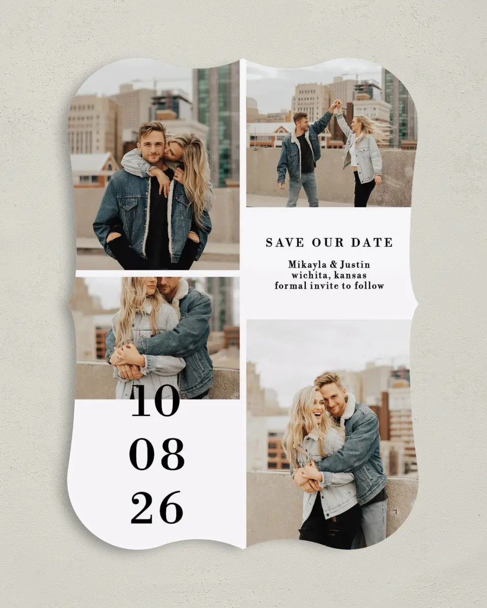 This is a 5" x 7" Save the Date Card called Stacked Devotion printed in full color on Premium Smooth paper