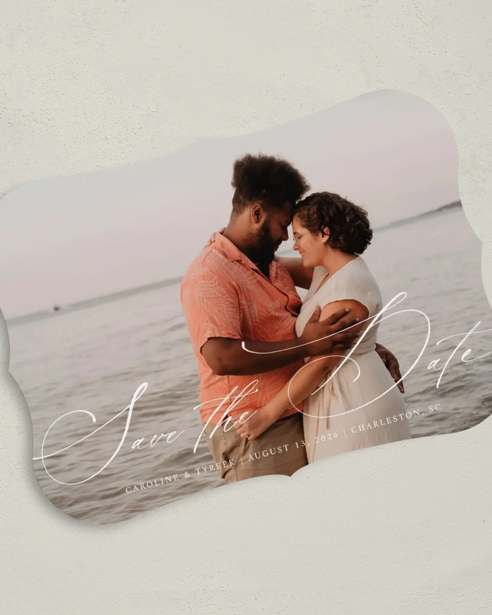 This is a 5" x 7" Save the Date Card called Scripted Romance printed in full color on Premium Smooth paper