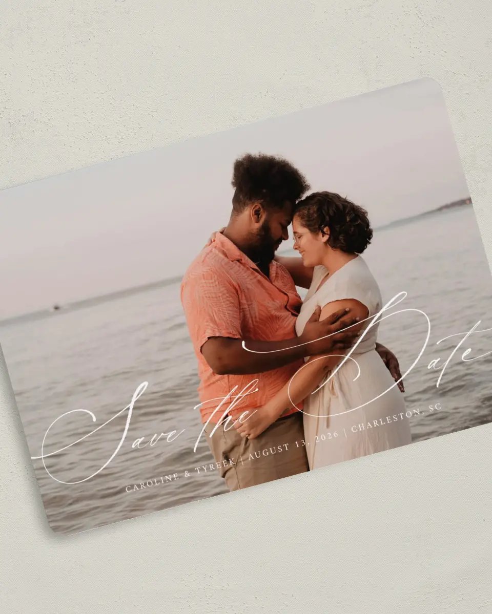 This is a 5" x 7" Save the Date Card called Scripted Romance printed in full color on Premium Smooth paper