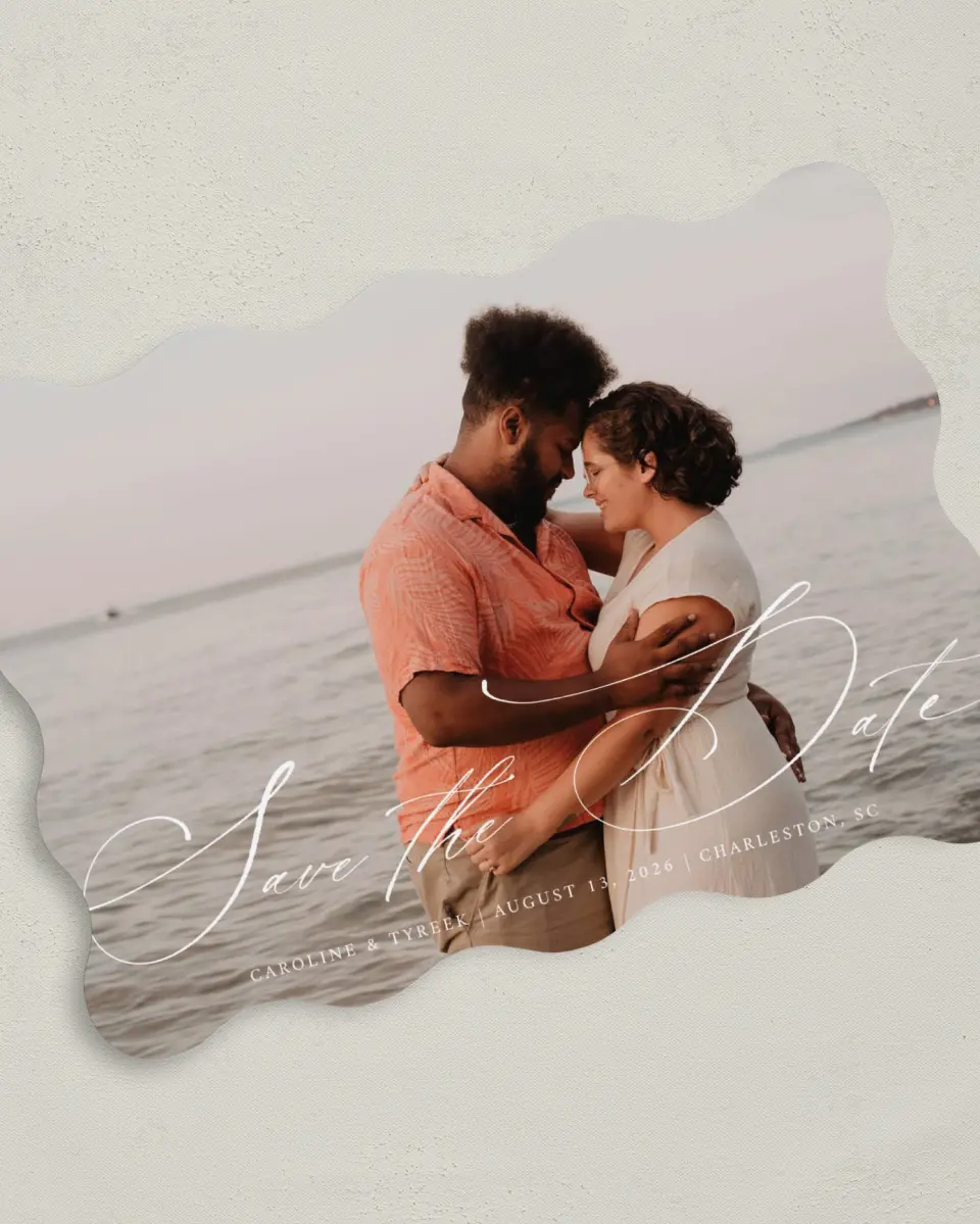 This is a 5" x 7" Save the Date Card called Scripted Romance printed in full color on Premium Smooth paper