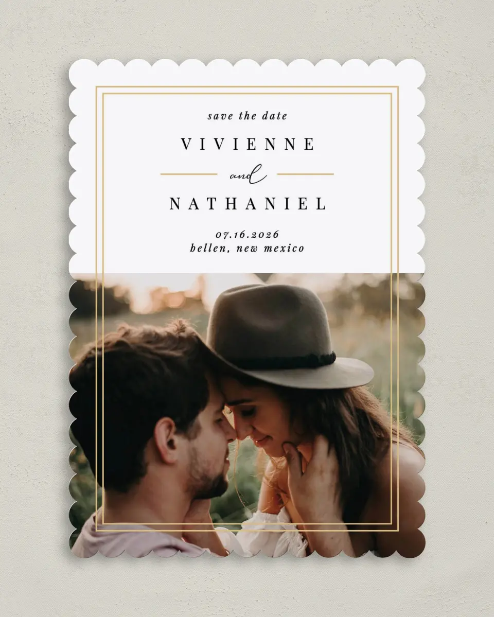 This is a 5" x 7" Save the Date Card called Delicate Frame printed in full color on Premium Smooth paper