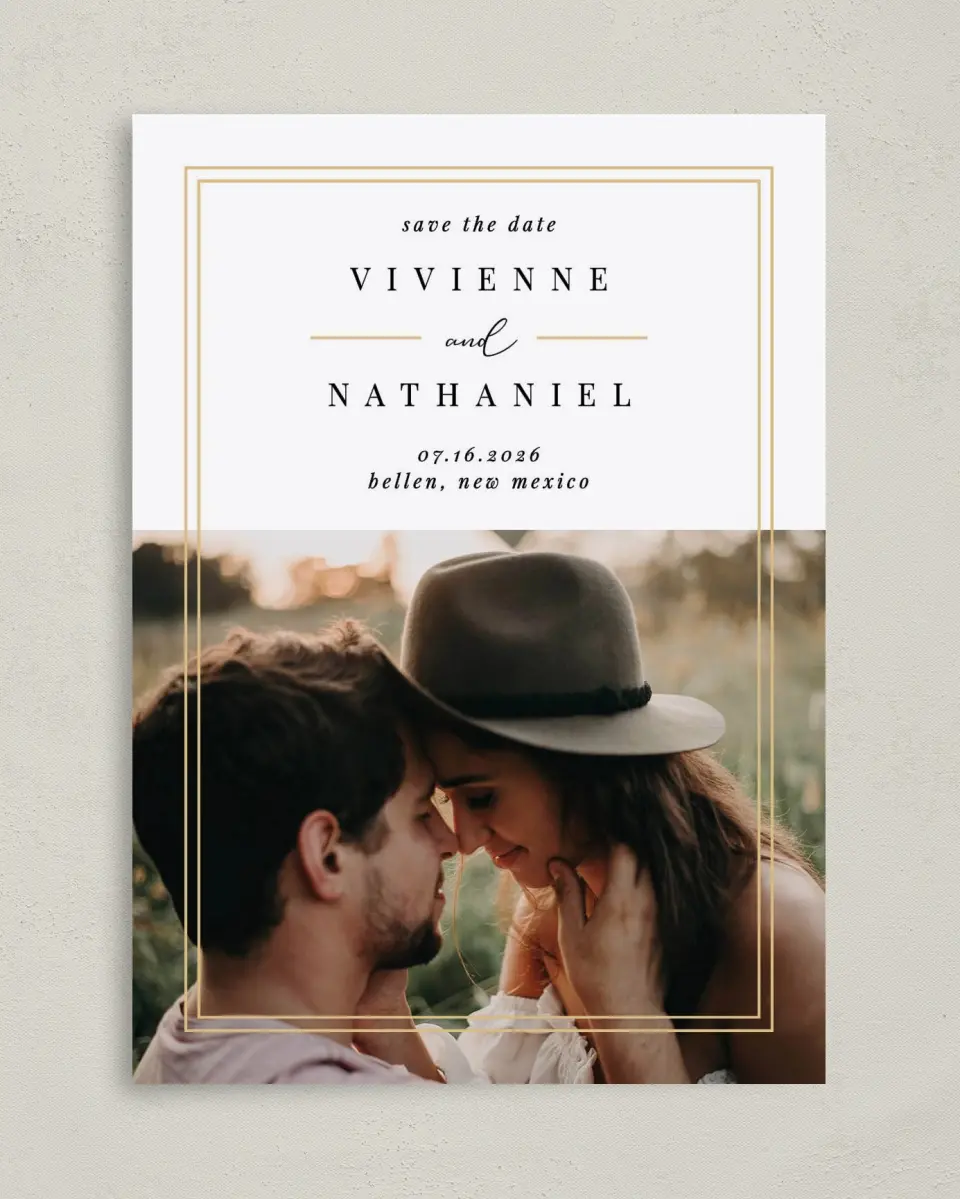 This is a 5" x 7" Save the Date Card called Delicate Frame printed in full color on Premium Smooth paper