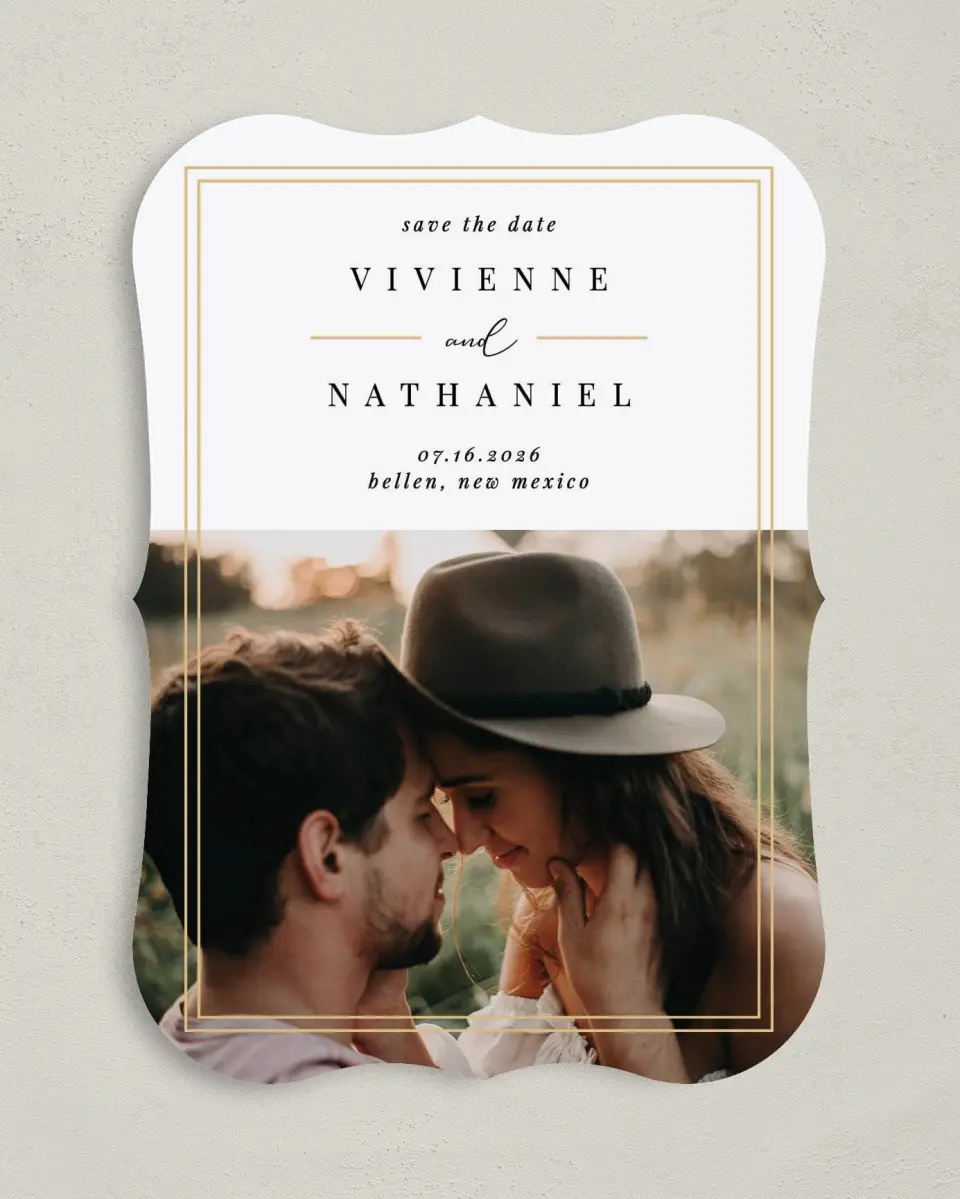 This is a 5" x 7" Save the Date Card called Delicate Frame printed in full color on Premium Smooth paper