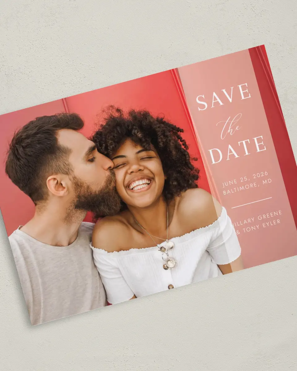 This is a 5" x 7" Save the Date Card called Side Note printed in full color on Premium Smooth paper