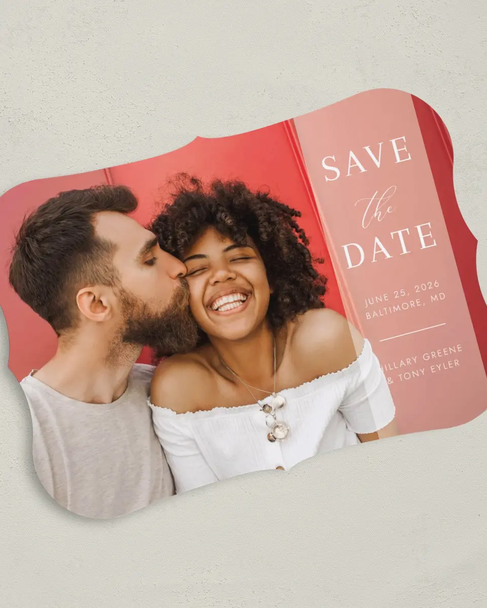 This is a 5" x 7" Save the Date Card called Side Note printed in full color on Premium Smooth paper