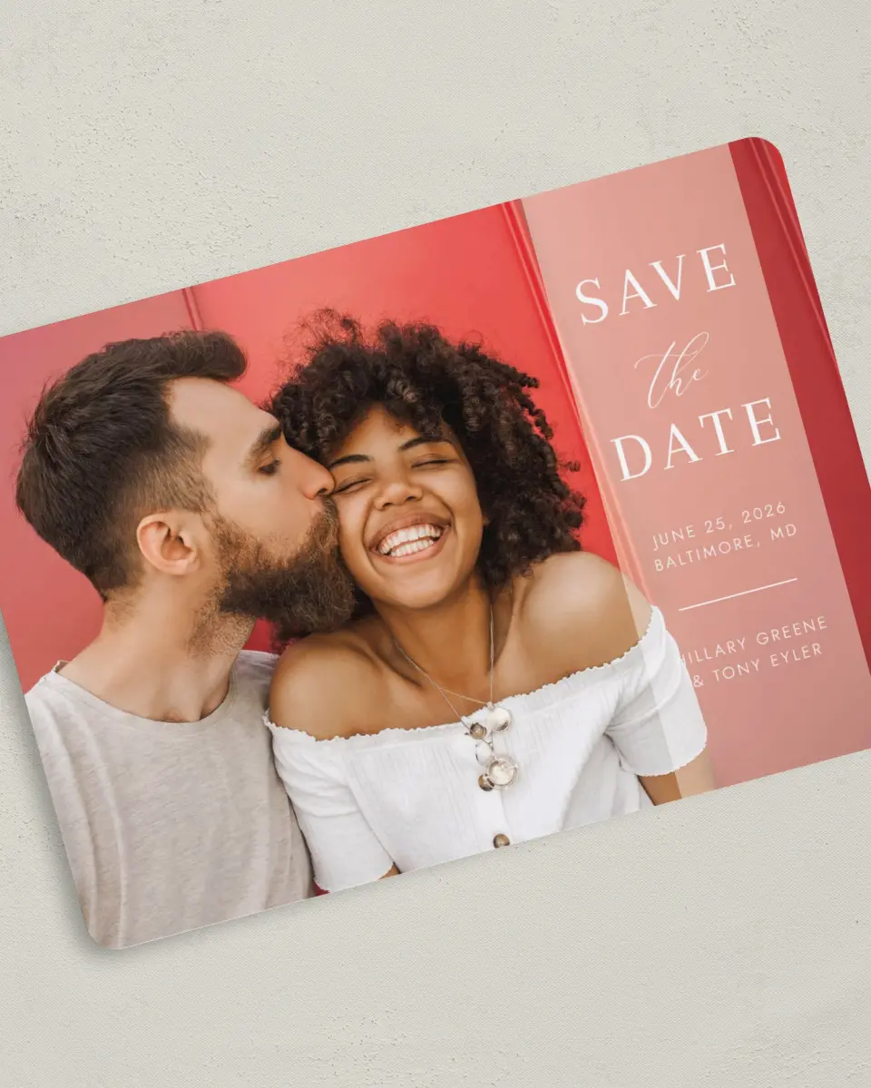 This is a 5" x 7" Save the Date Card called Side Note printed in full color on Premium Smooth paper