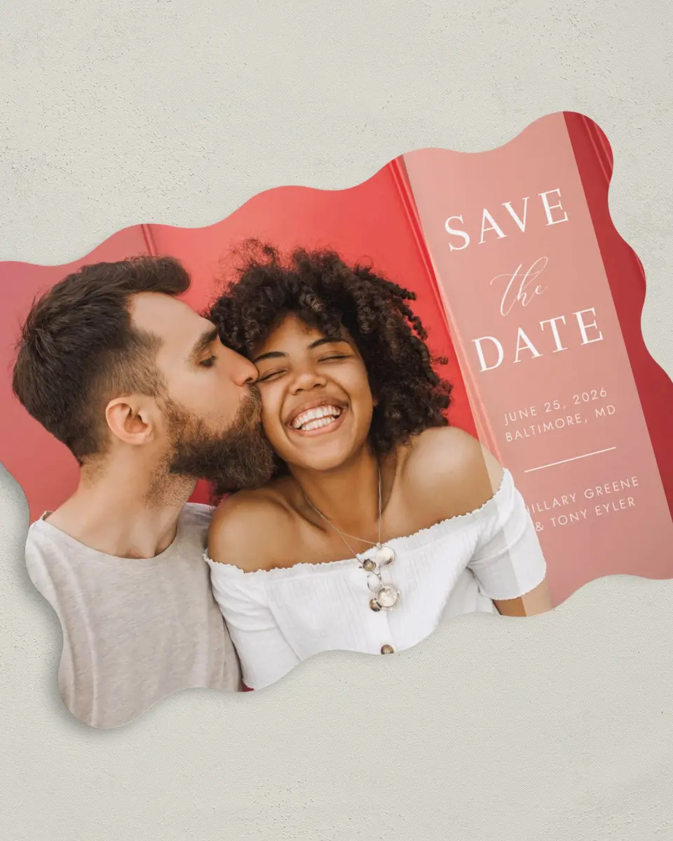 This is a 5" x 7" Save the Date Card called Side Note printed in full color on Premium Smooth paper