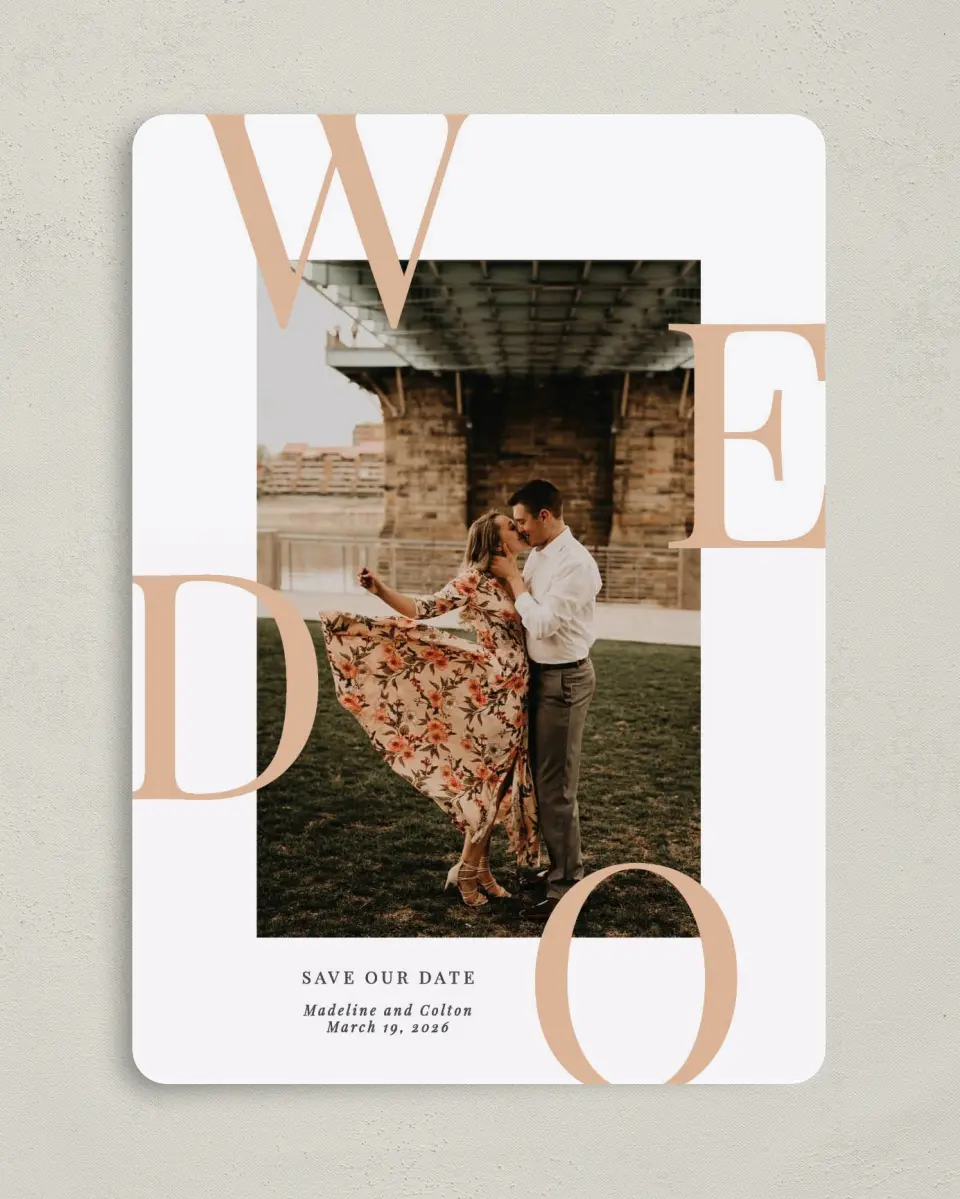 This is a 5" x 7" Save the Date Card called Boldly We Do printed in full color on Premium Smooth paper