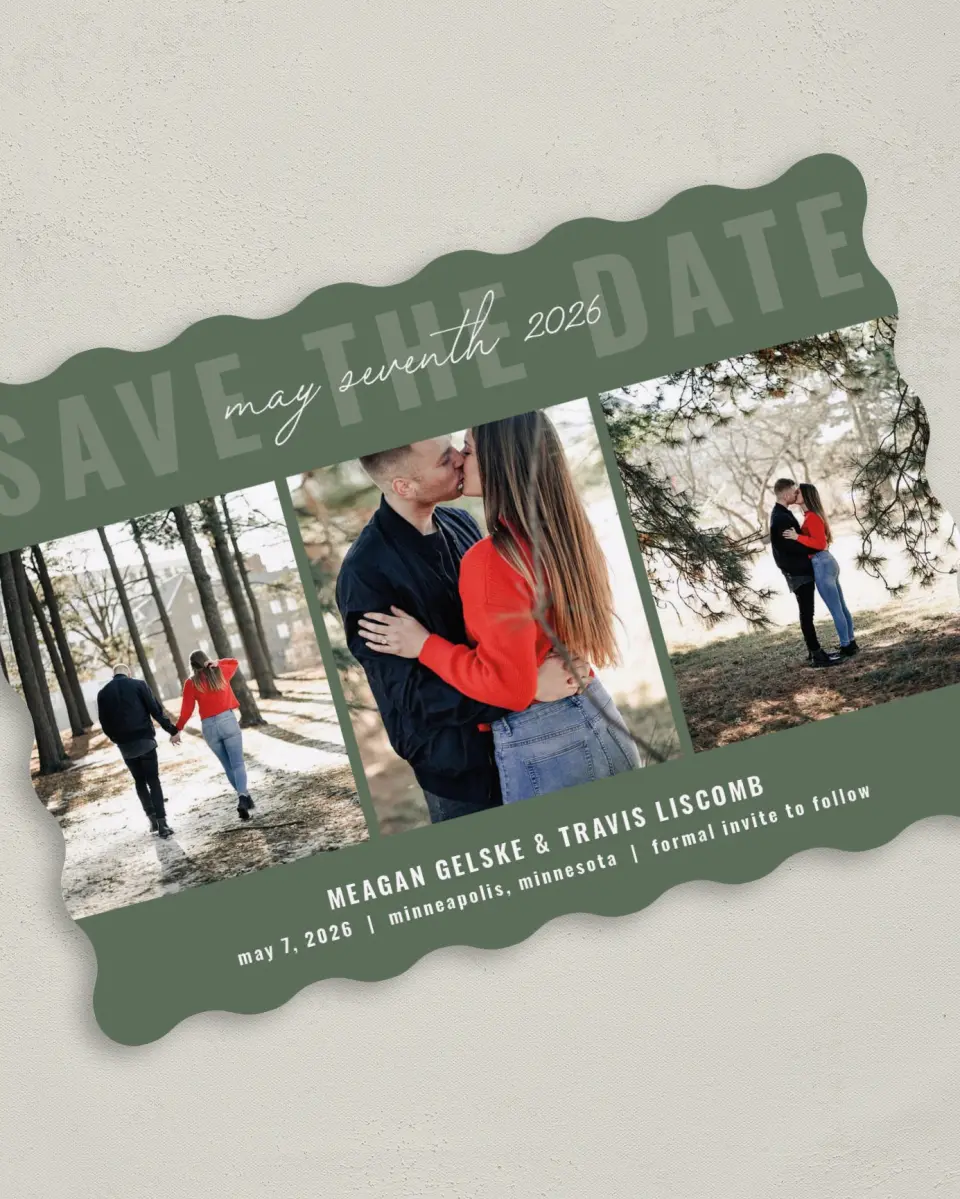 This is a 5" x 7" Save the Date Card called Bold Trio printed in full color on Premium Smooth paper
