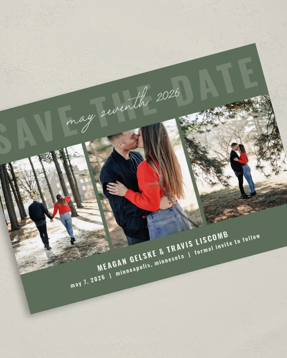 This is a 5" x 7" Save the Date Card called Bold Trio printed in full color on Premium Smooth paper