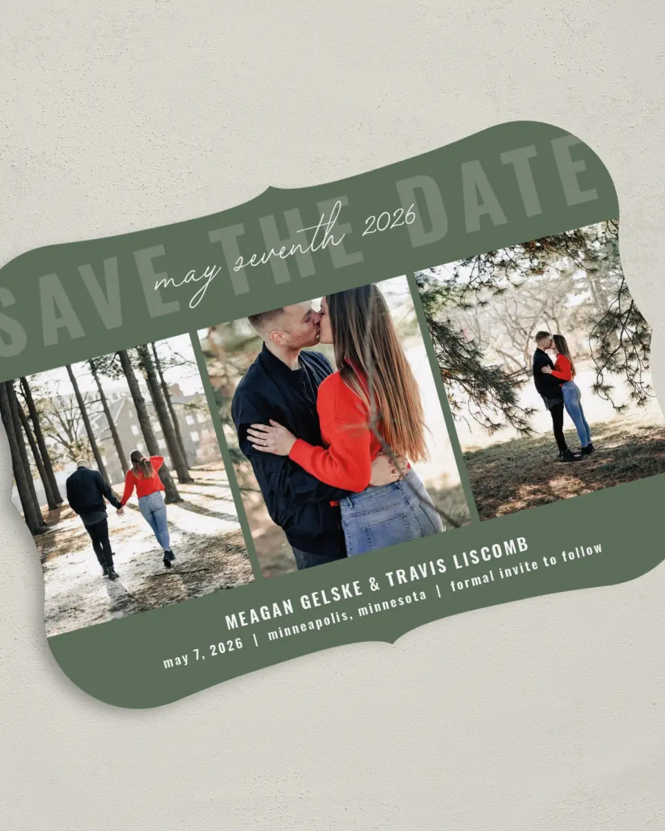 This is a 5" x 7" Save the Date Card called Bold Trio printed in full color on Premium Smooth paper