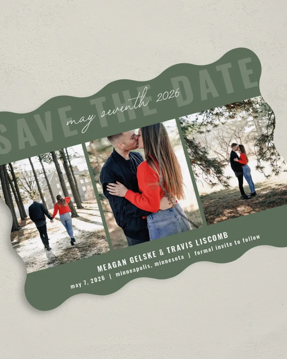 This is a 5" x 7" Save the Date Card called Bold Trio printed in full color on Premium Smooth paper