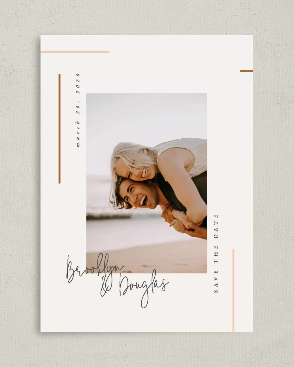 This is a 5" x 7" Save the Date Card called Playful Script printed in full color on Premium Smooth paper