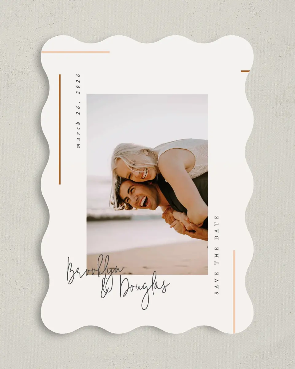 This is a 5" x 7" Save the Date Card called Playful Script printed in full color on Premium Smooth paper