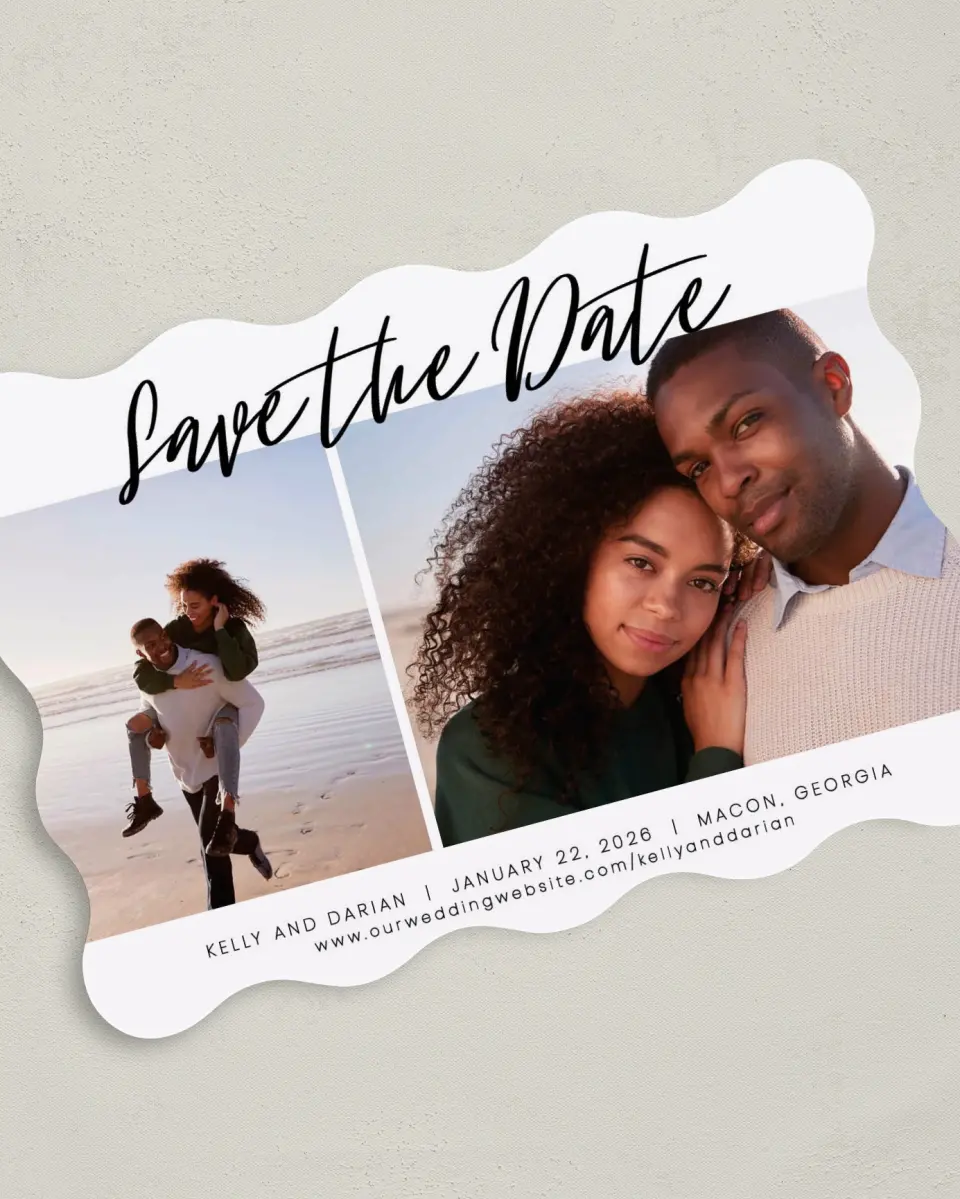 This is a 5" x 7" Save the Date Card called Dreamy Duo printed in full color on Premium Smooth paper