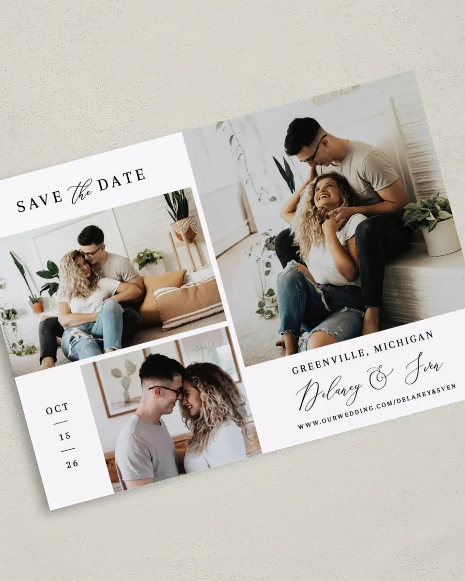 This is a 5" x 7" Save the Date Card called Chic Celebration printed in full color with Silver foil on Luxe Satin (coated) paper