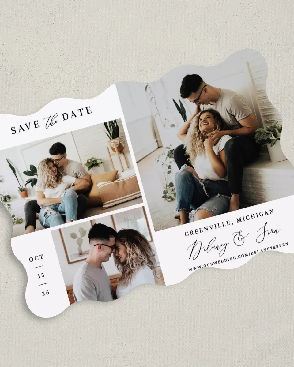 This is a 5" x 7" Save the Date Card called Chic Celebration printed in full color on Premium Smooth paper