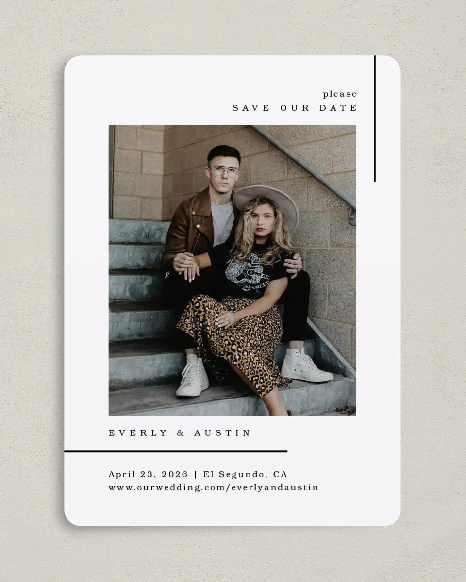 This is a 5" x 7" Save the Date Card called Mod Lines printed in full color on Premium Smooth paper