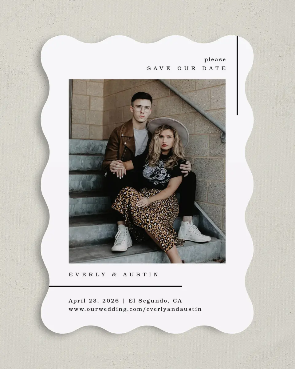 This is a 5" x 7" Save the Date Card called Mod Lines printed in full color on Premium Smooth paper