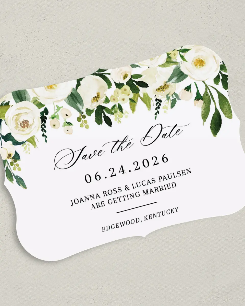 This is a 5" x 7" Save the Date Card called Elegant Garden printed in full color on Premium Smooth paper