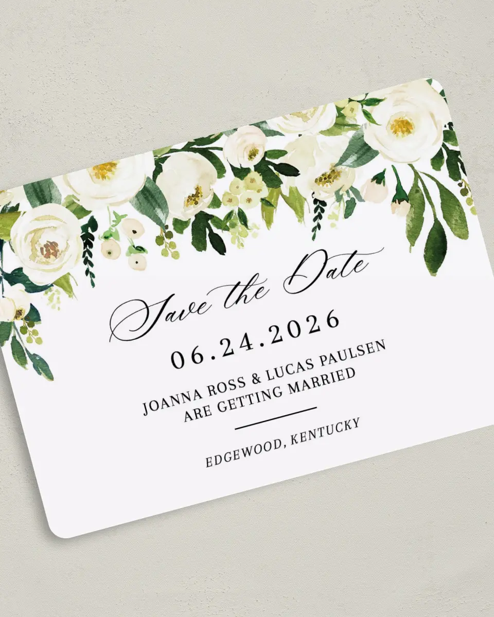 This is a 5" x 7" Save the Date Card called Elegant Garden printed in full color on Premium Smooth paper