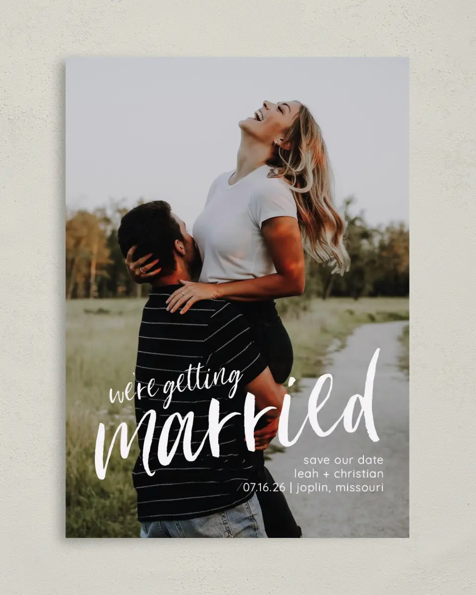 This is a 5" x 7" Save the Date Card called Exciting News printed in full color on Premium Smooth paper