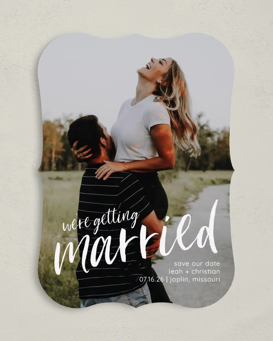 This is a 5" x 7" Save the Date Card called Exciting News printed in full color on Premium Smooth paper
