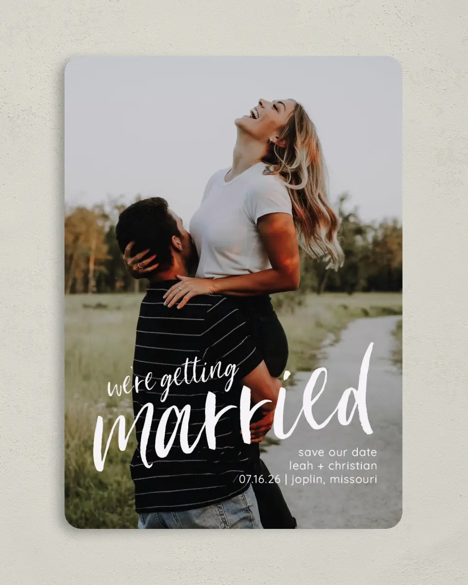This is a 5" x 7" Save the Date Card called Exciting News printed in full color on Premium Smooth paper