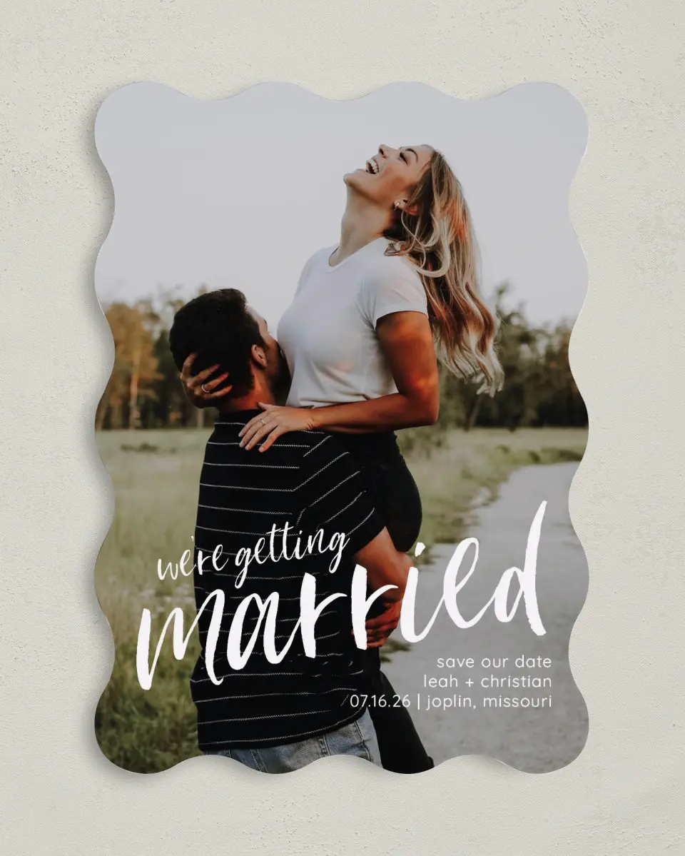 This is a 5" x 7" Save the Date Card called Exciting News printed in full color on Premium Smooth paper