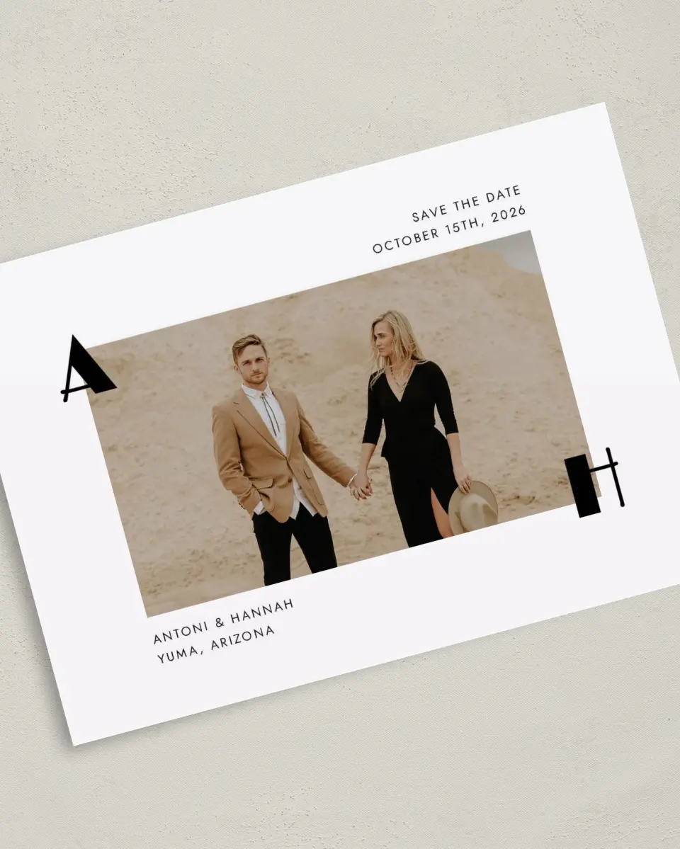 This is a 5" x 7" Save the Date Card called Modern Initial printed in full color on Premium Smooth paper