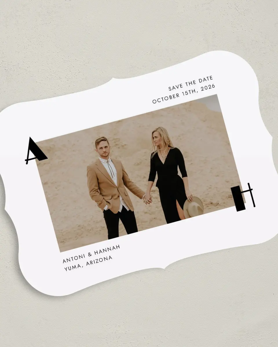 This is a 5" x 7" Save the Date Card called Modern Initial printed in full color on Premium Smooth paper