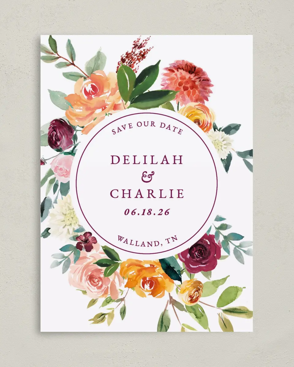 This is a 5" x 7" Save the Date Card called Floral Ring printed in full color on Premium Smooth paper