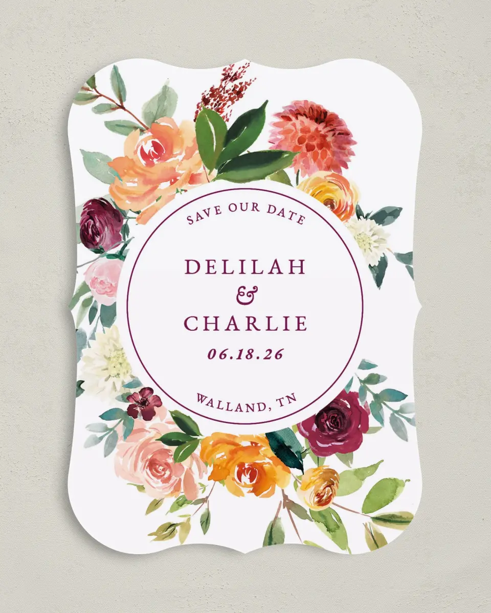 This is a 5" x 7" Save the Date Card called Floral Ring printed in full color on Premium Smooth paper