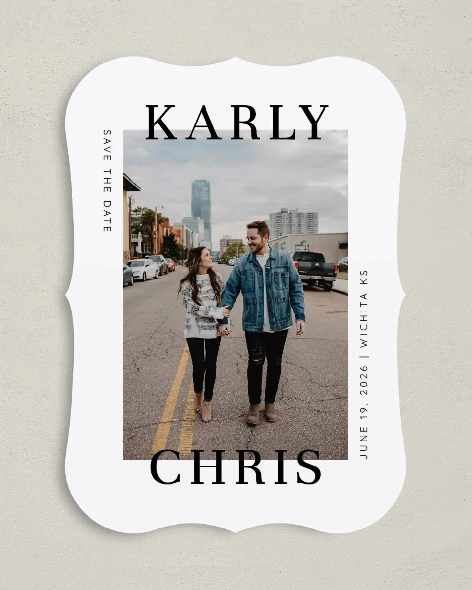 This is a 5" x 7" Save the Date Card called Modern Love Box printed in full color on Premium Smooth paper