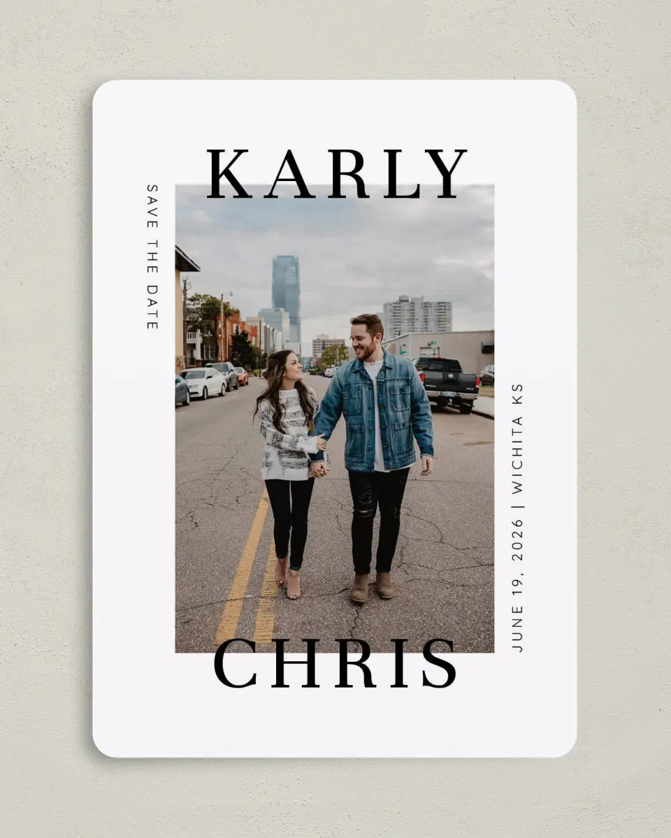 This is a 5" x 7" Save the Date Card called Modern Love Box printed in full color on Premium Smooth paper
