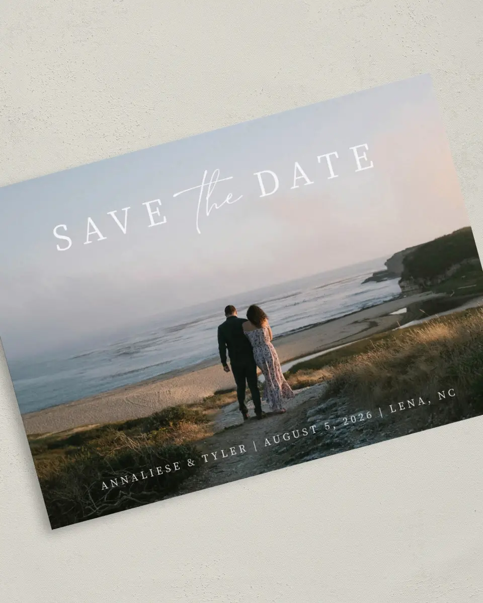 This is a 5" x 7" Save the Date Card called Simply Swooning printed in full color on Premium Smooth paper