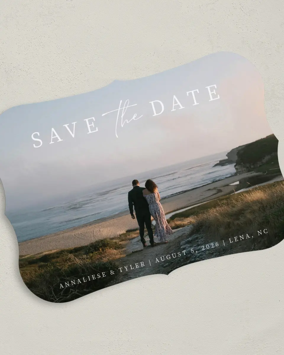 This is a 5" x 7" Save the Date Card called Simply Swooning printed in full color on Premium Smooth paper