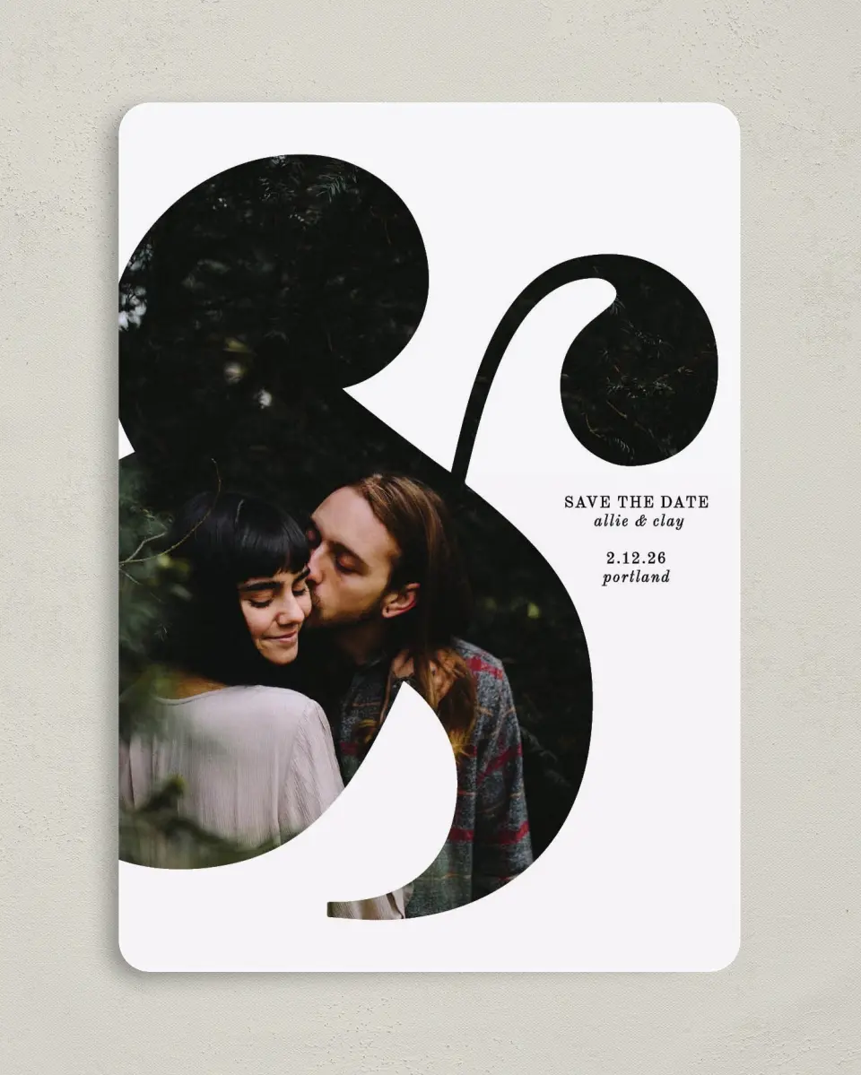 This is a 5" x 7" Save the Date Card called Bold Ampersand printed in full color on Premium Smooth paper