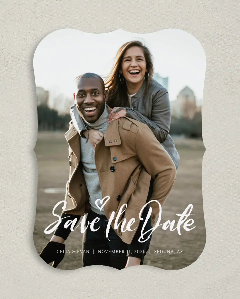 This is a 5" x 7" Save the Date Card called Celebrate Love printed in full color on Premium Smooth paper