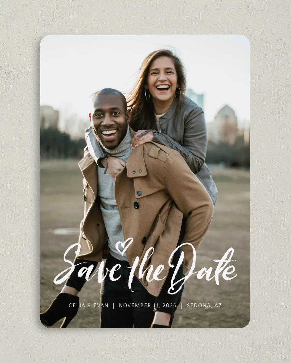 This is a 5" x 7" Save the Date Card called Celebrate Love printed in full color on Premium Smooth paper