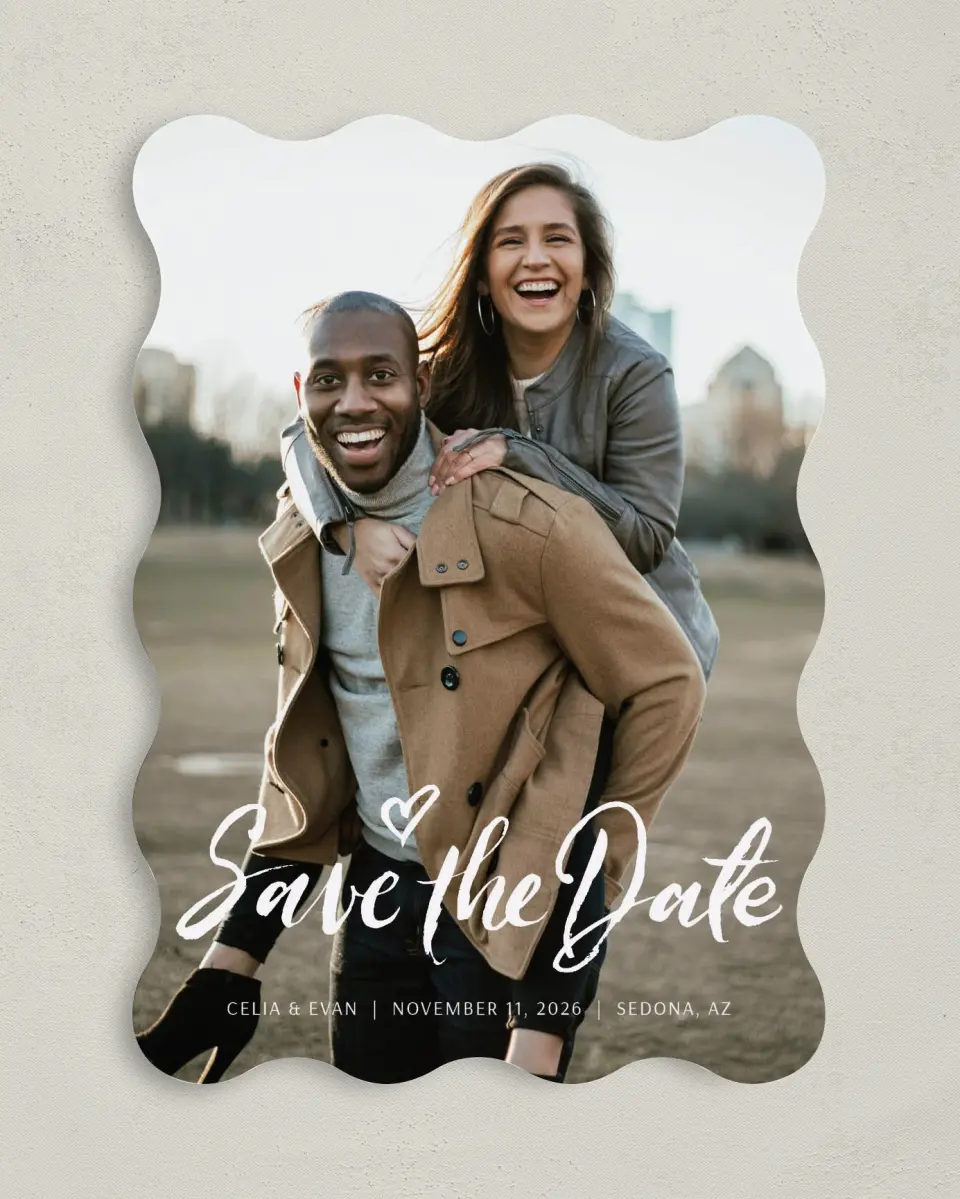 This is a 5" x 7" Save the Date Card called Celebrate Love printed in full color on Premium Smooth paper