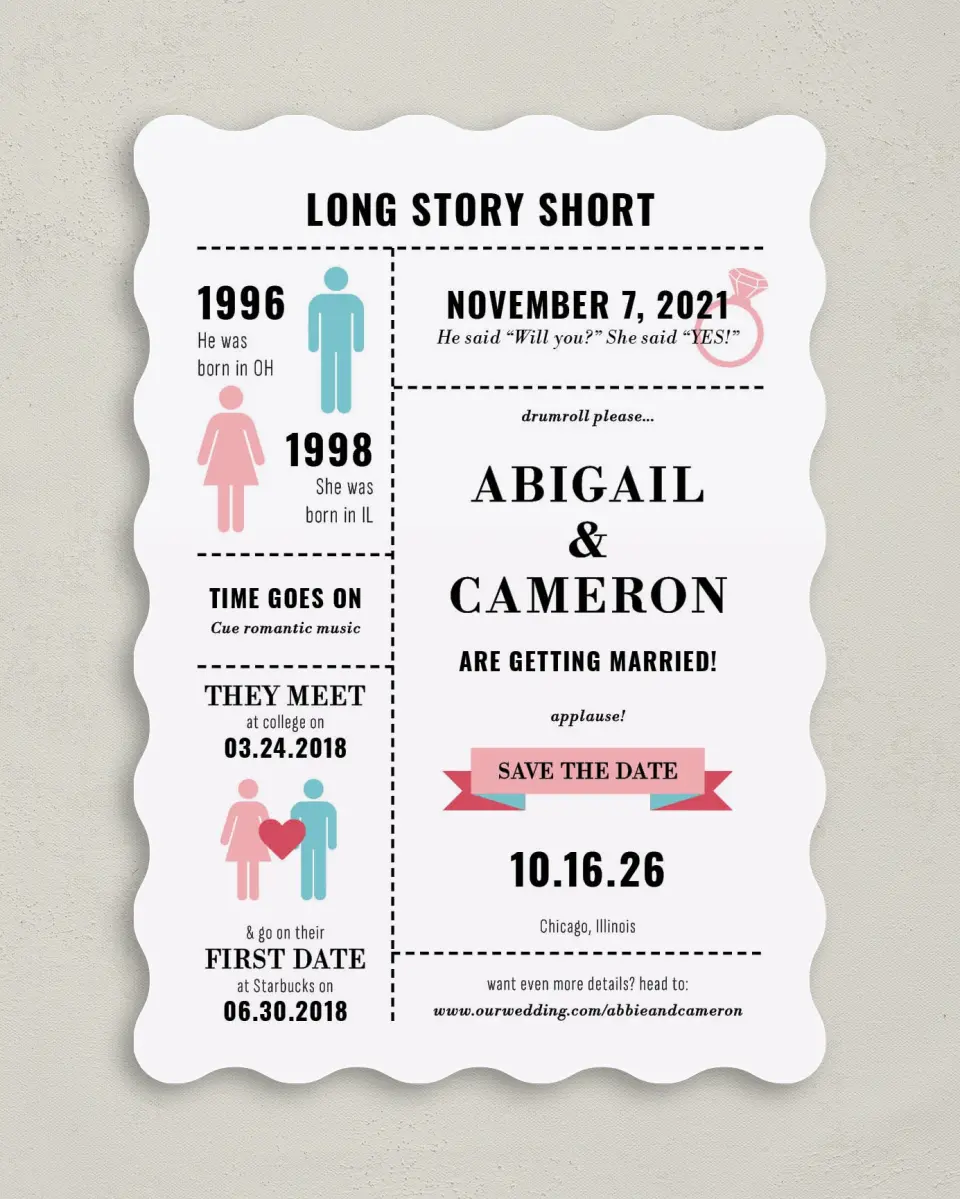 This is a 5" x 7" Save the Date Card called Our Story printed in full color on Premium Smooth paper