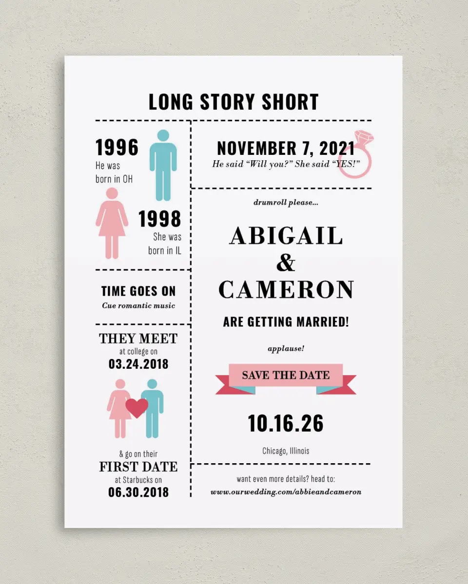 This is a 5" x 7" Save the Date Card called Our Story printed in full color on Premium Smooth paper