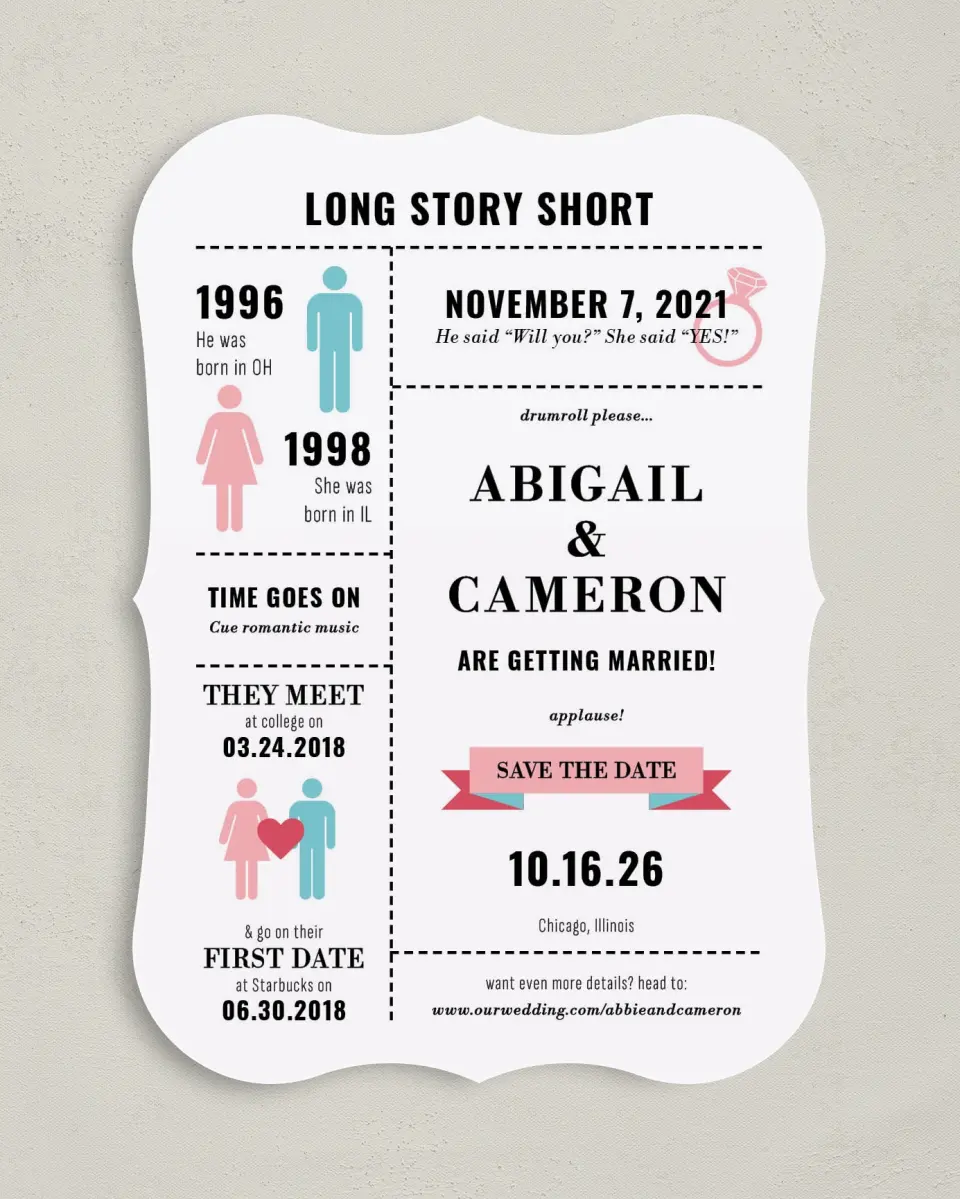 This is a 5" x 7" Save the Date Card called Our Story printed in full color on Premium Smooth paper