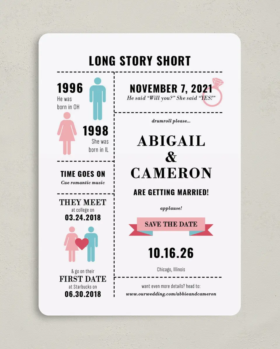 This is a 5" x 7" Save the Date Card called Our Story printed in full color on Premium Smooth paper