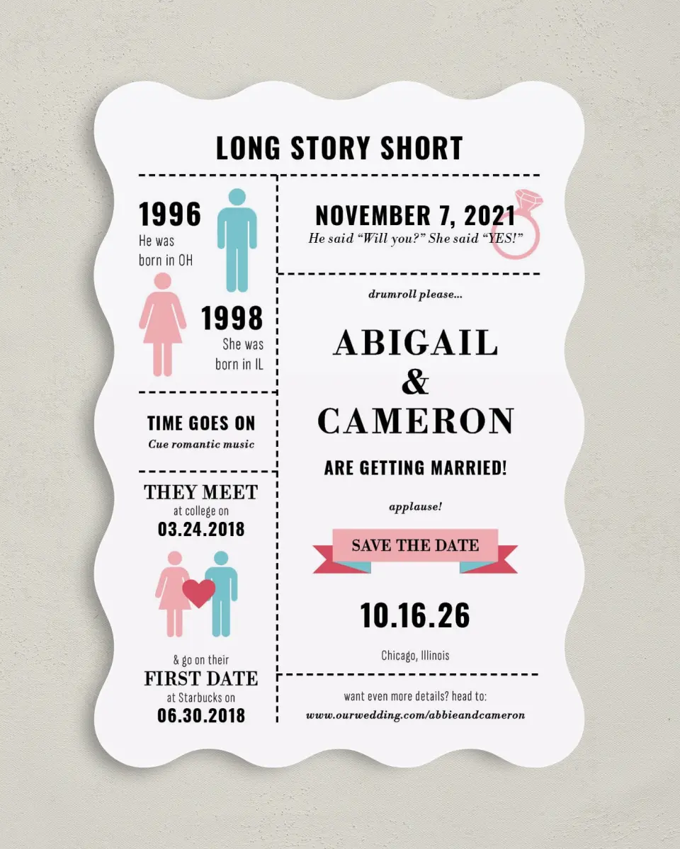 This is a 5" x 7" Save the Date Card called Our Story printed in full color with Silver foil on Luxe Satin (coated) paper