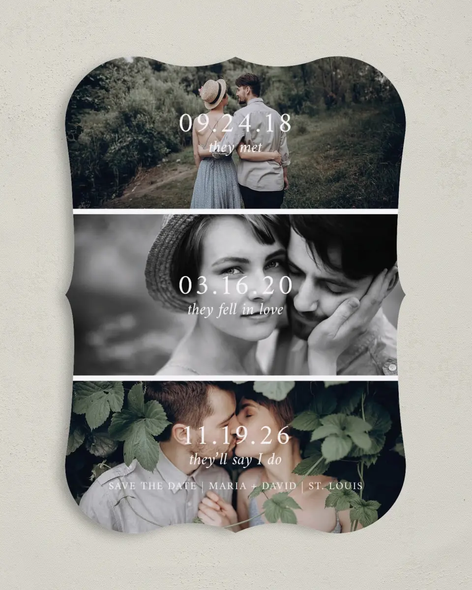 This is a 5" x 7" Save the Date Card called Through the Years printed in full color on Premium Smooth paper